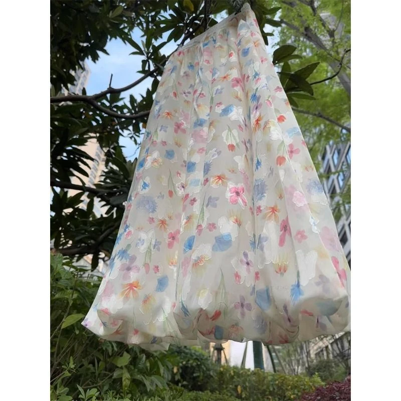 彩色蓬蓬花苞裙女夏2025新款度假风碎花半身裙高腰显瘦a字长裙子
