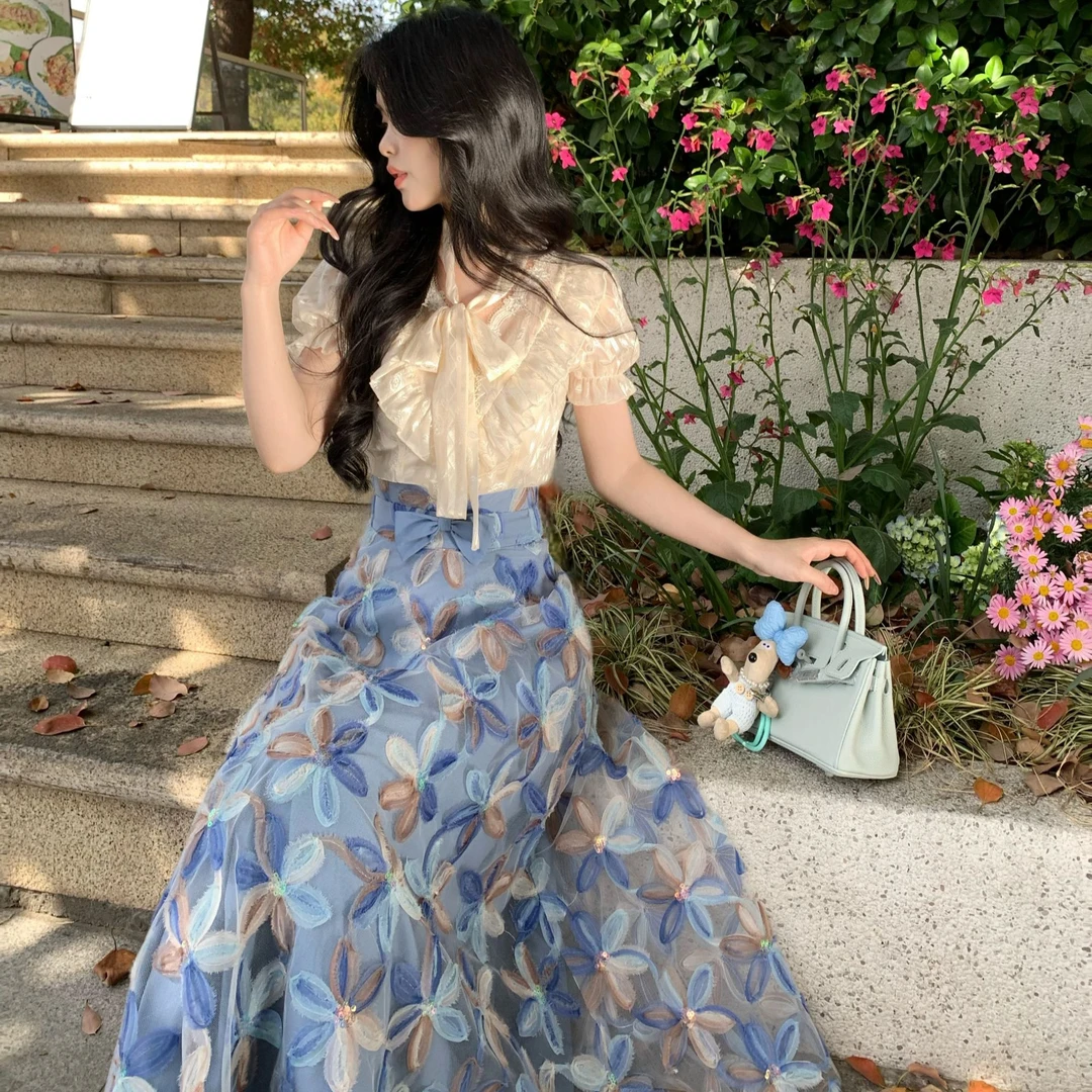 Blovelan湛影溯梦 甜美立体花朵刺绣半裙+褶皱领针织吊带套装
