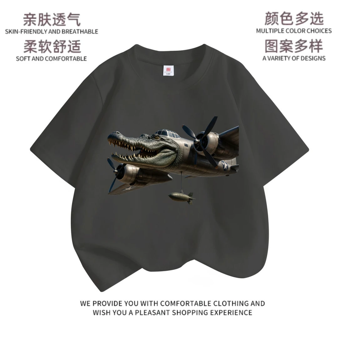外国山海经鳄鱼战斗机男童短袖t恤夏季2025新款男孩外穿短袖T恤潮