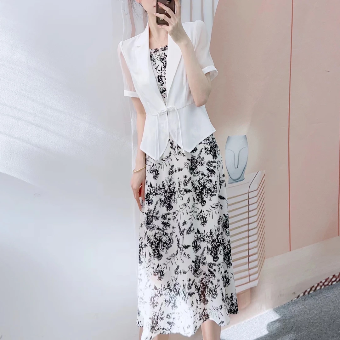 01826清D1短袖盘扣小外套+印花吊带连衣裙两件套裙826