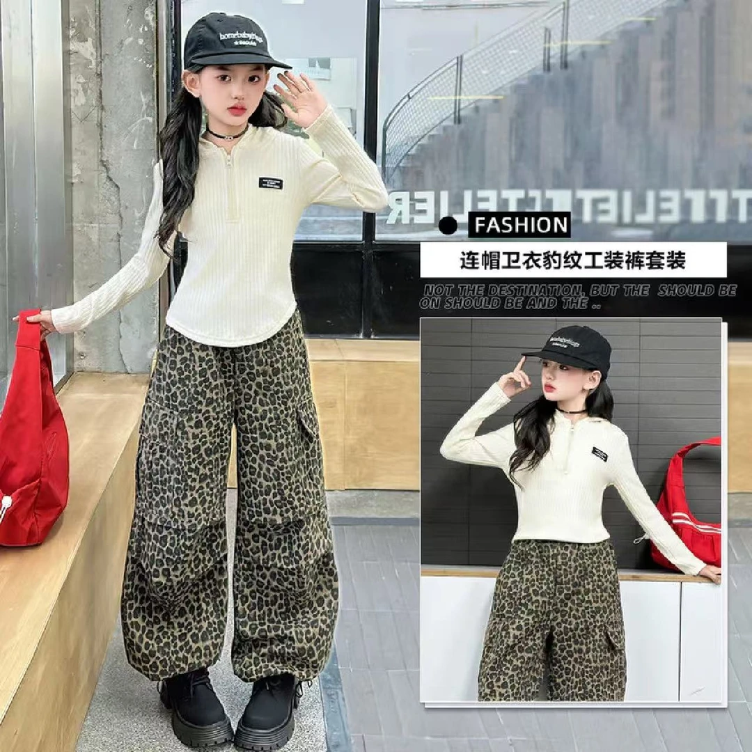 秋季新款女童中大童洋气韩版豹纹工装裤纯色连帽套装