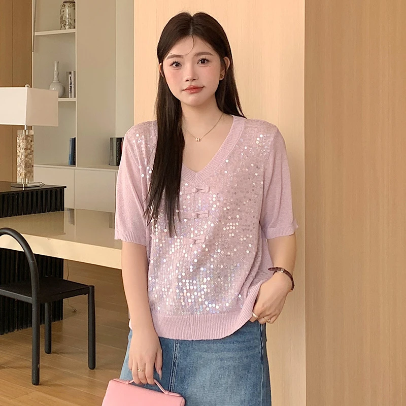 大码女装设计感亮片上衣女国风盘扣针织衫2025夏胖mm短袖t恤