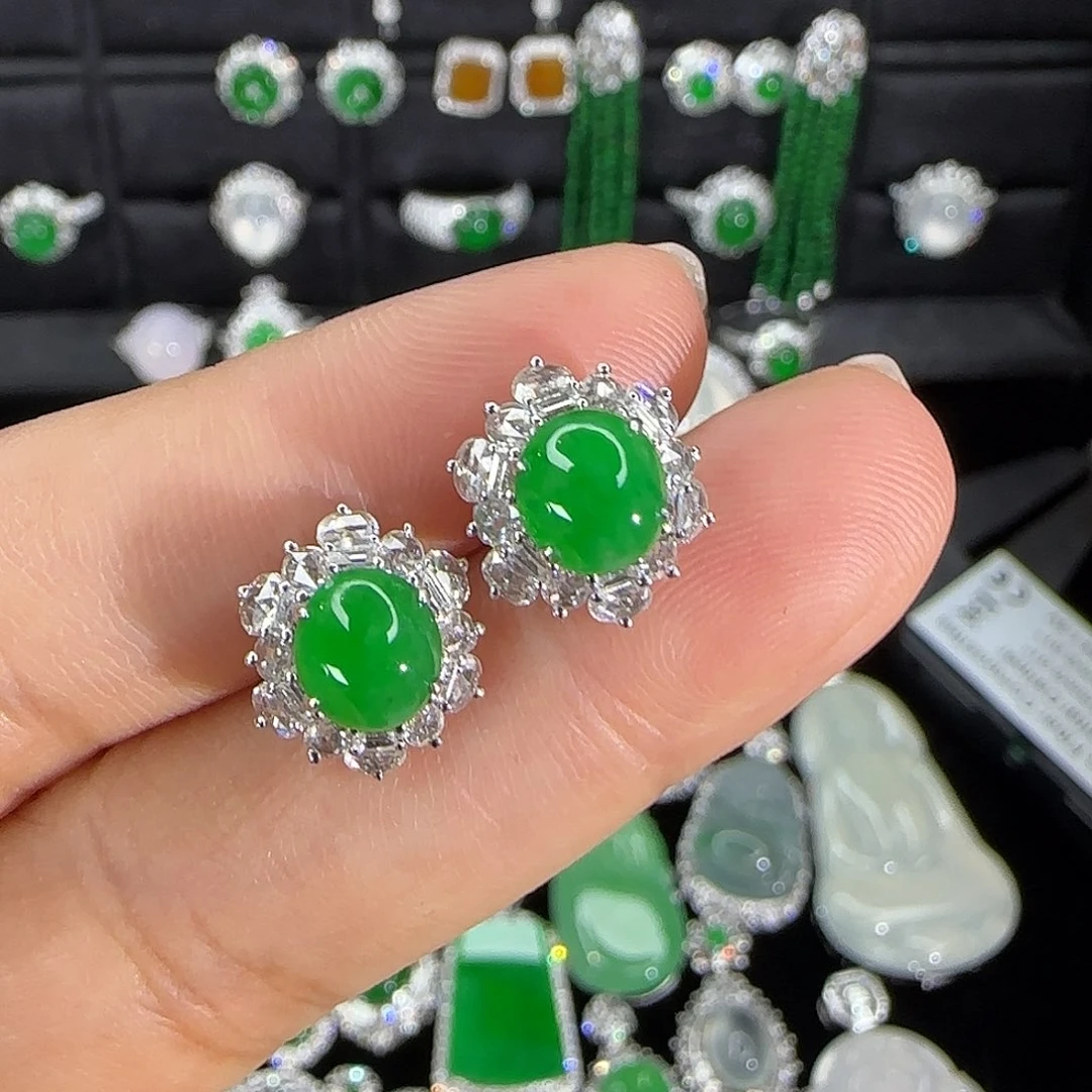 翡翠18K金镶嵌耳饰天然翡翠