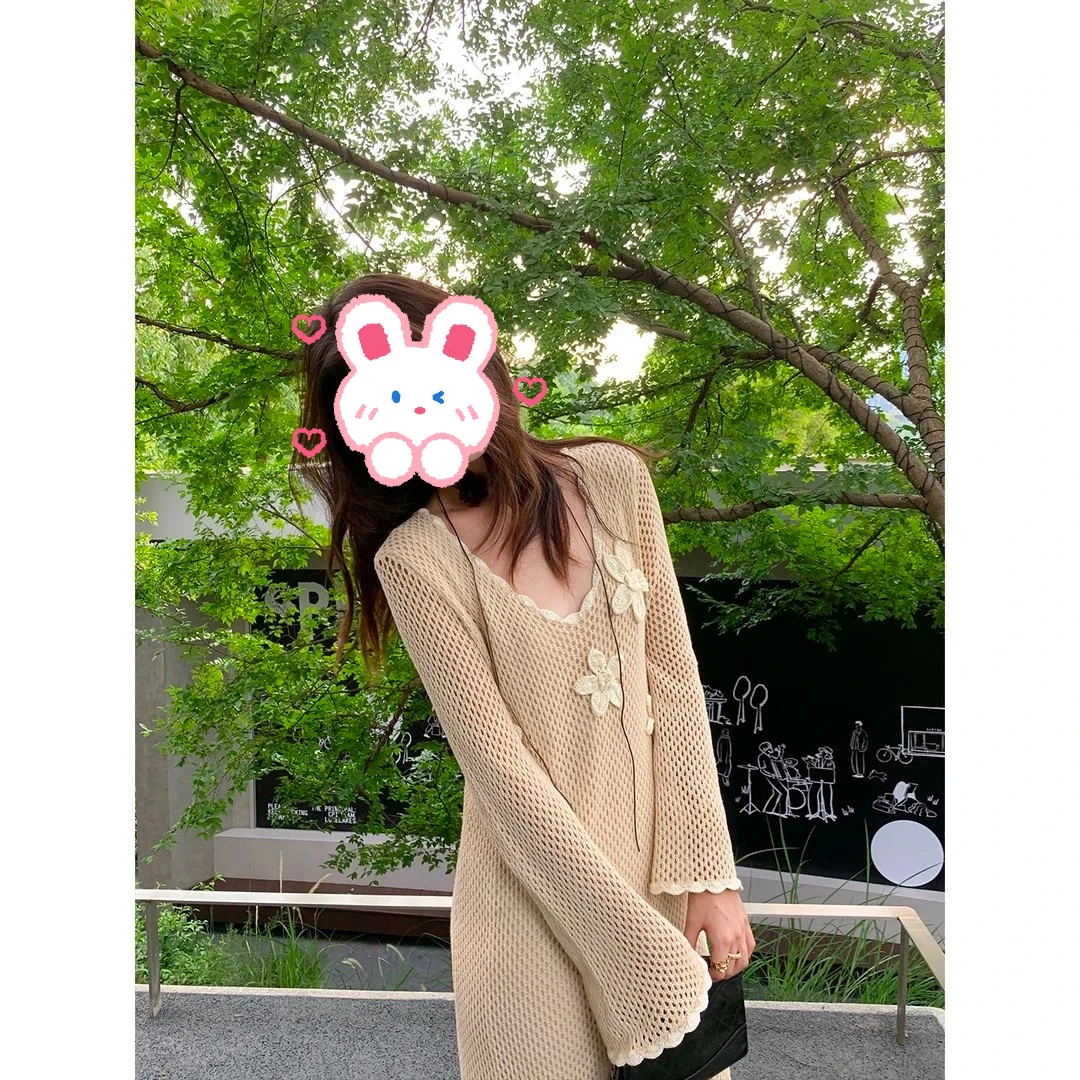 【花信风来】法式镂空U领针织花朵长袖连衣裙+马海毛编织慵毛衣外套