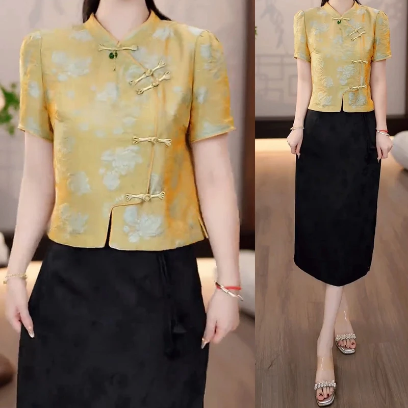 新中式国风衬衫年轻款盘扣改良唐装2025年夏季新款洋气半身裙套装