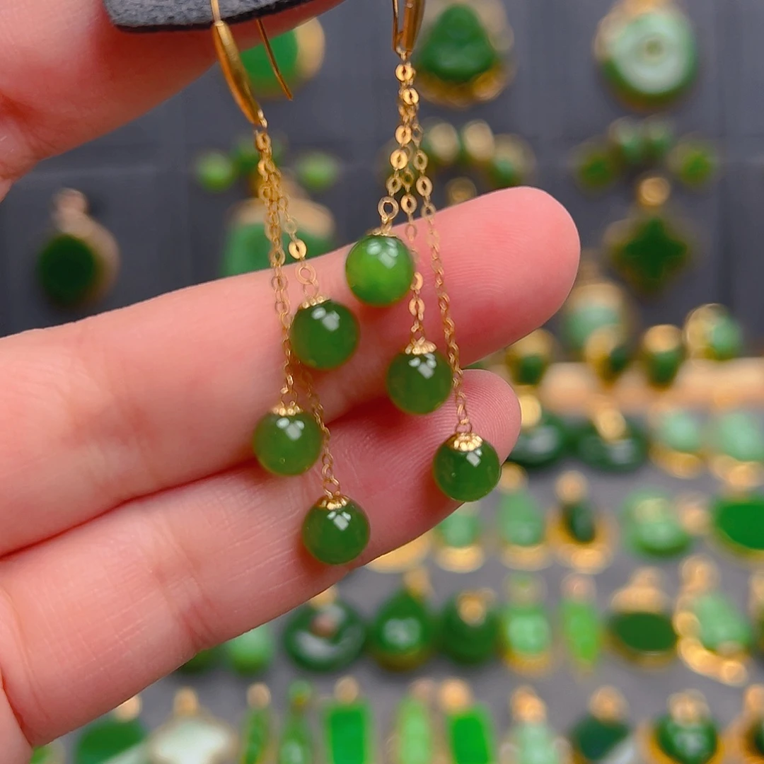 和田玉18K金镶嵌耳饰