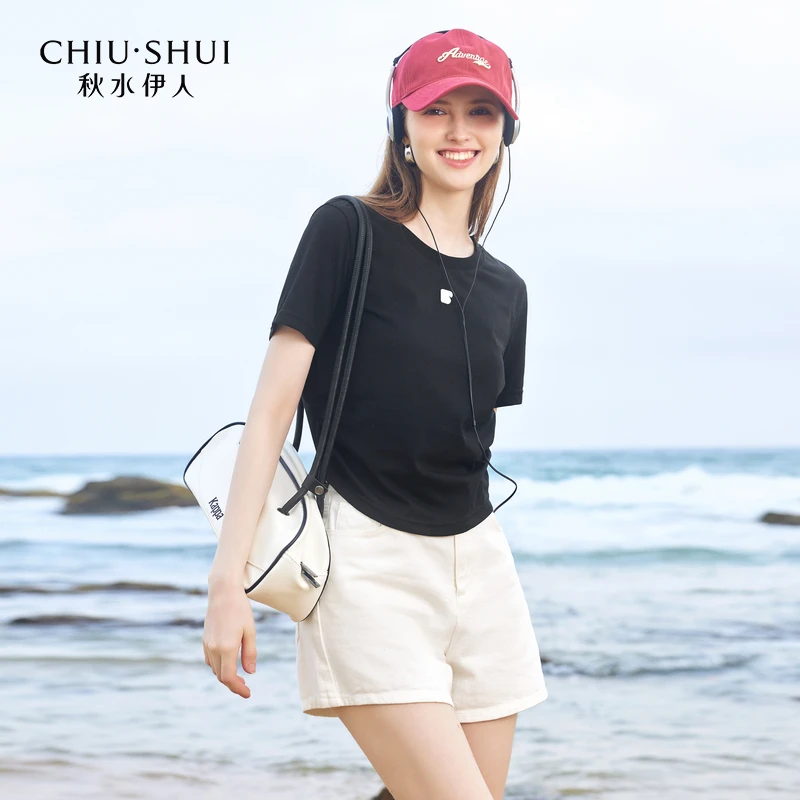 【诗语专属】秋水伊人时尚洋气正肩短袖T恤2024夏季新款女设计感收