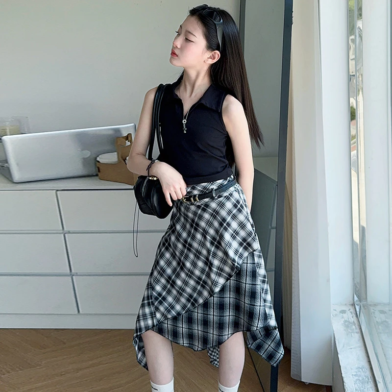 女童裙子夏装6-12岁洋气中大童不规则格子裙夏季女孩半身裙两件套