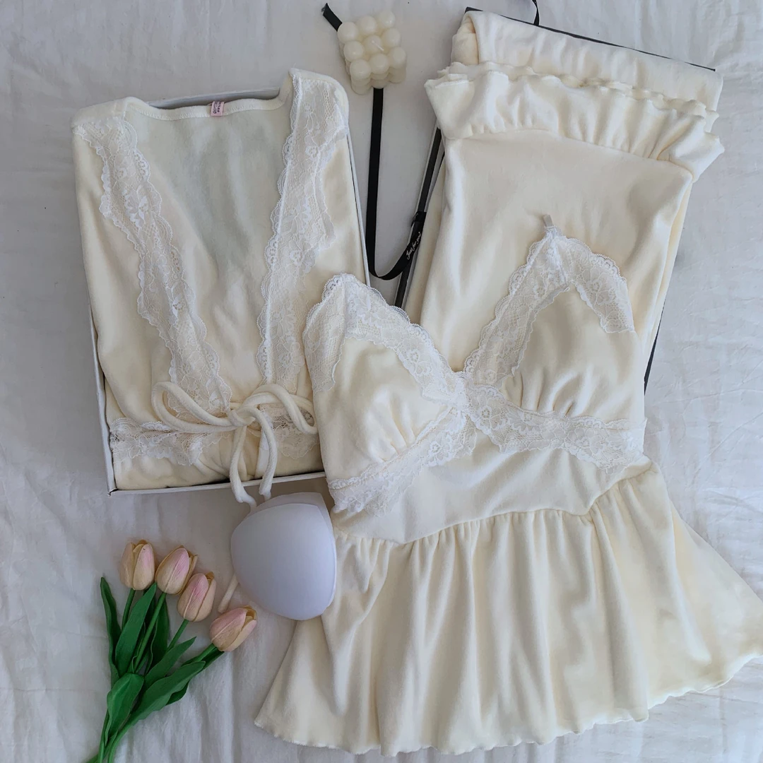 海岛绒吊带蕾丝睡衣秋冬新款法式高端性感保暖家居服 赵露思同款