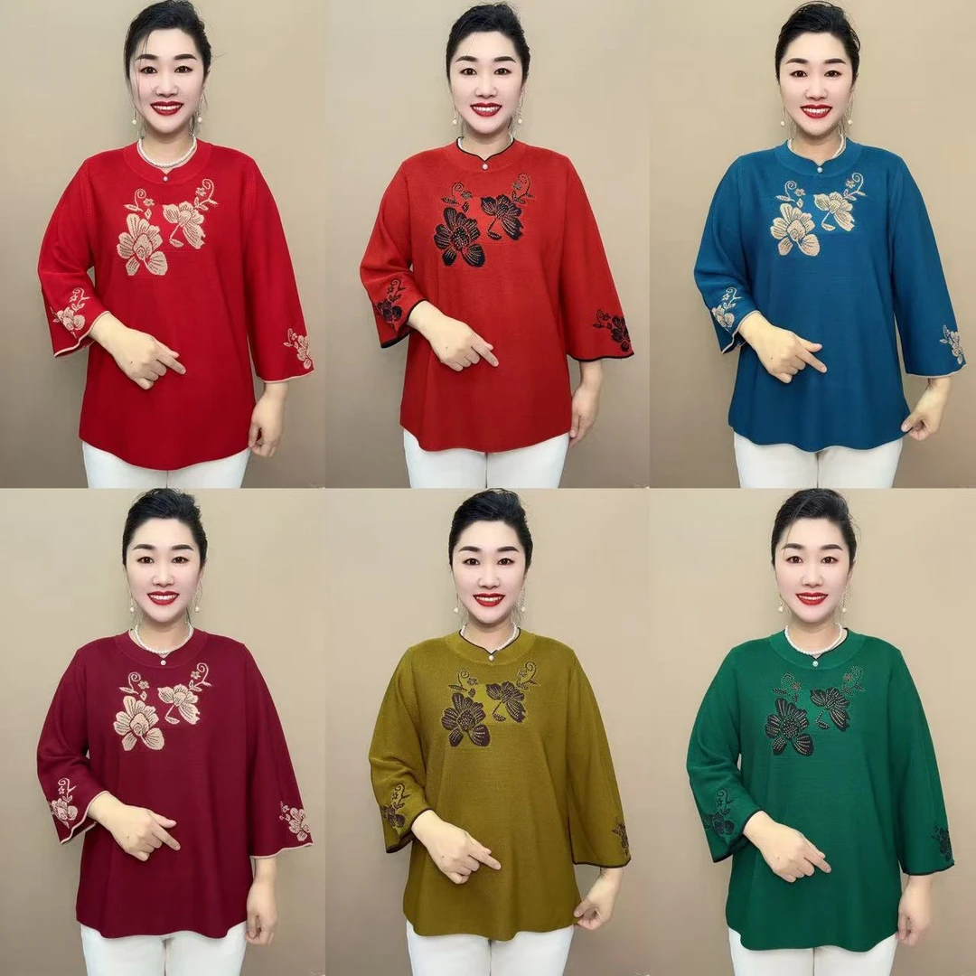 11-4牡丹花宽松款针织胶衫中老年妈妈装小衫气质