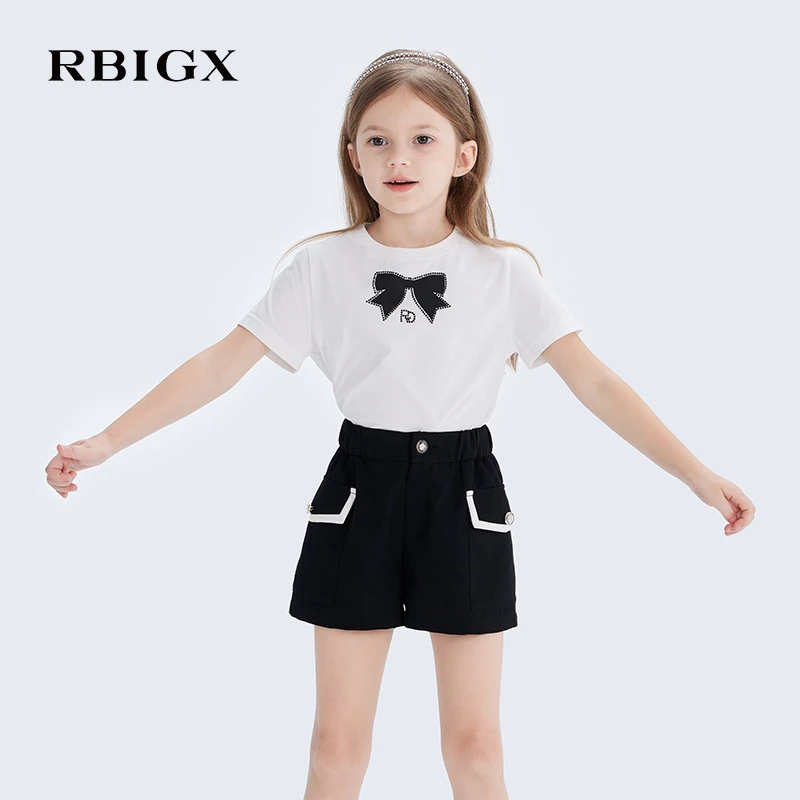 RBIGX瑞比克童装2025夏季新款百搭甜美可爱烫钻女童短袖t恤