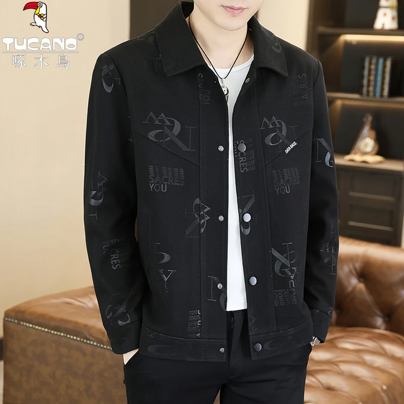 TUCANO/啄木鳥春秋时尚潮流拼接字母印花翻领夹克呢子男休闲外套