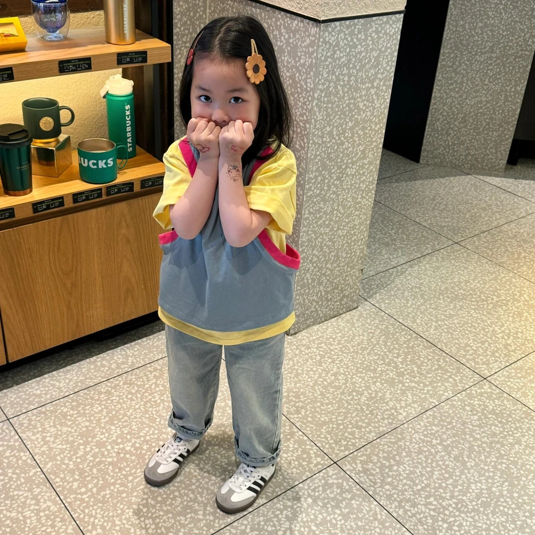 《小思家》女童2025夏季新款韩版休闲假两件撞色短袖T恤牛仔裤套装