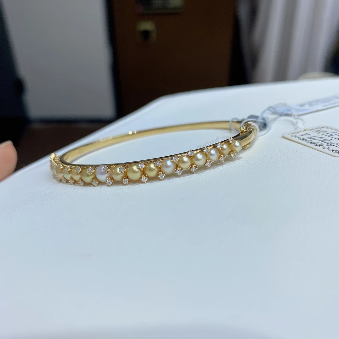 3-4.5mm白蝶白金混彩keshi18k金钻手镯