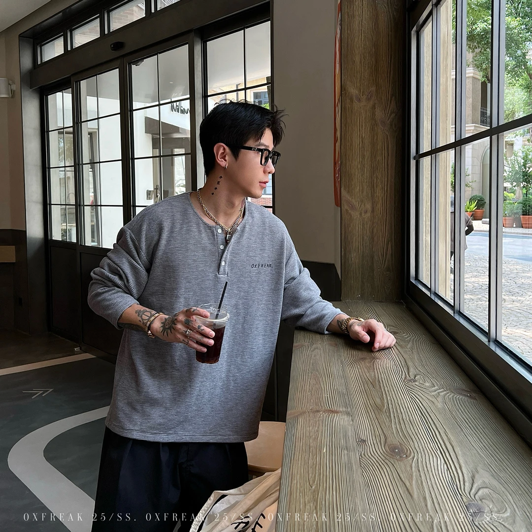 OXFREAK「手绘涂鸦 老钱风」华夫格亨利领长袖t恤男宽松内搭上衣