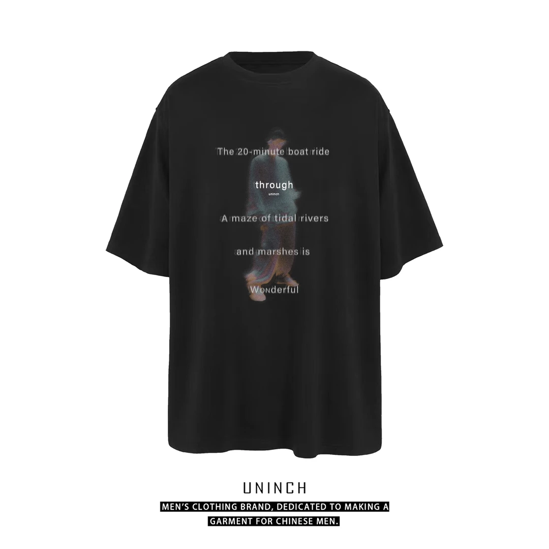 UNINCH人像模糊印花纯棉300g潮牌圆领T恤宽松oversize休闲男短袖
