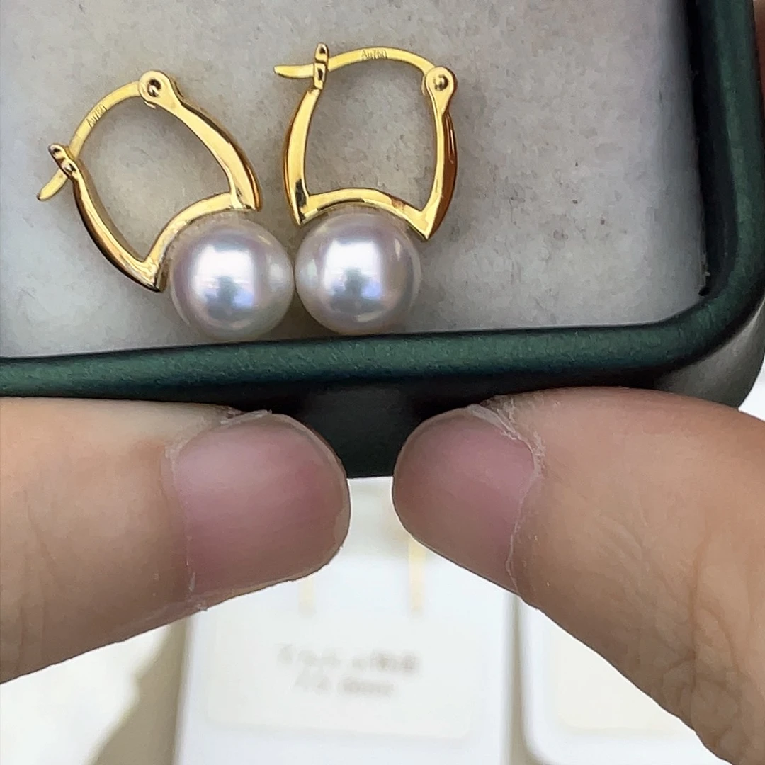 海水珍珠耳饰18K金镶嵌7.5-8水桶耳环