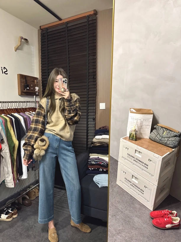 【思含】小众拼接洋气格子袖高领针织衫