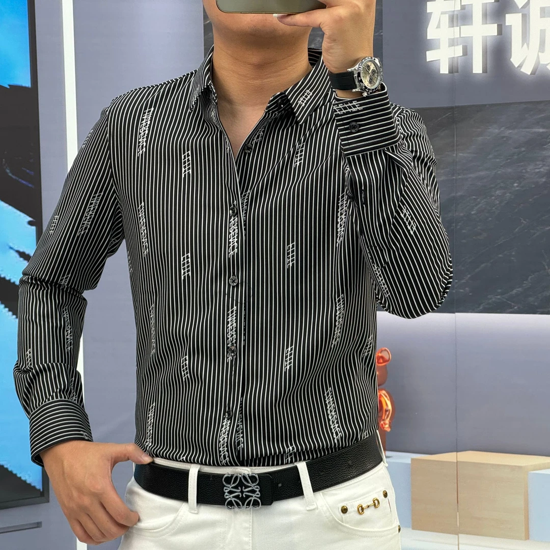 秋季新款男士高端潮流时尚休闲个性百搭高弹力黑白条纹长袖衬衫