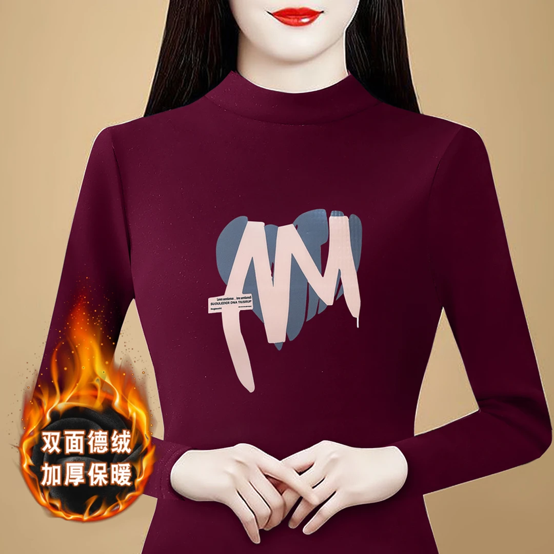 实拍 2025秋冬新款诚双面德绒加厚半高领长袖t恤内搭妈妈装上衣女