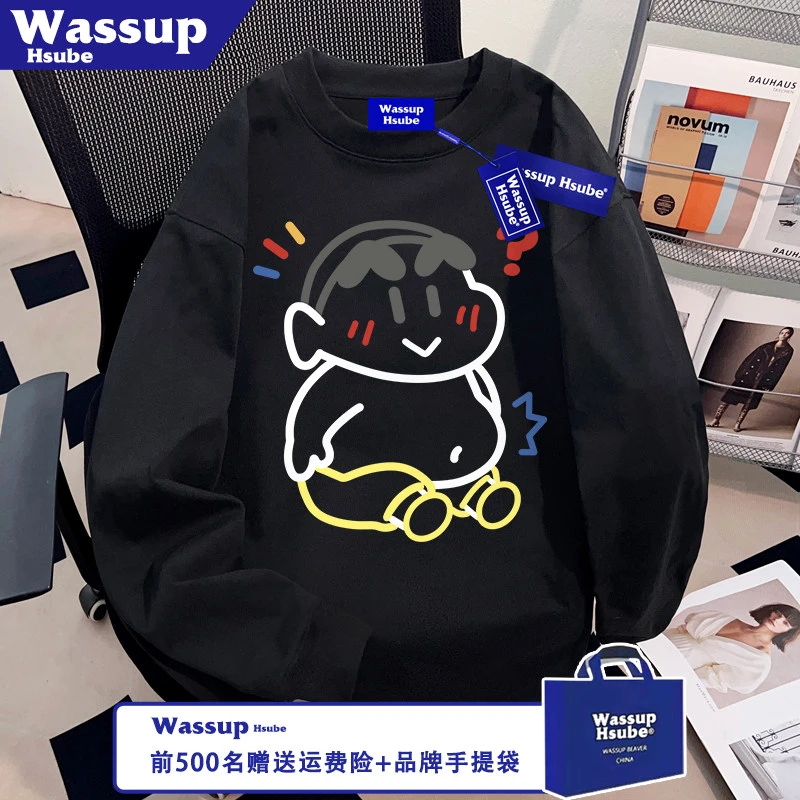 WASSUP HSUBE秋冬美式100%纯棉黑色长袖T恤创意印花潮流男款上衣