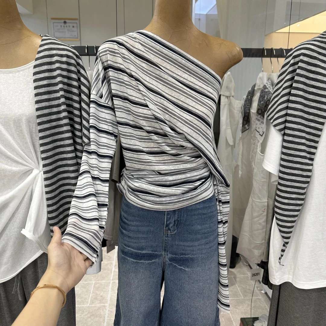 韩系斜肩条纹防晒长袖T恤女2025早秋款收腰显瘦气质休闲百搭上衣