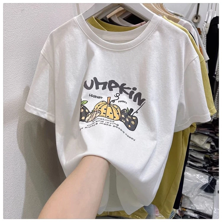 200斤夏季新品韩版休闲女式短袖圆领T恤简约雪花棉上衣宽松大