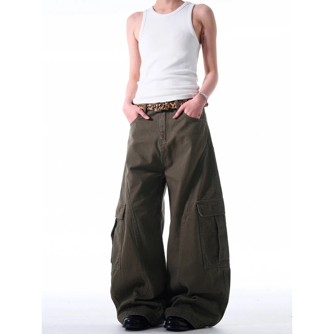 OV原创美式复古侧边大口袋褶皱工装裤男女宽松解构设计直筒长裤潮