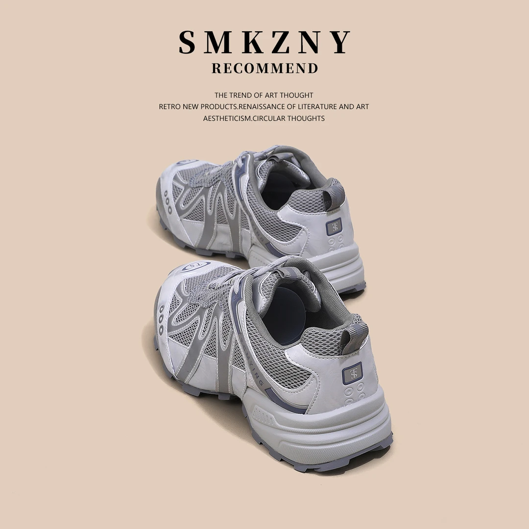 灰色厚底老爹鞋女小个子增高女鞋子轻便百搭夏季网纱德训鞋-68013