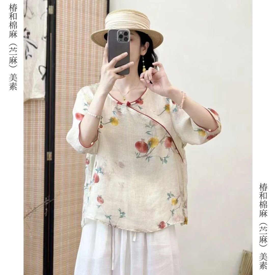 椿和新款【美素】国风休闲盘扣苎麻衬衫圆领套头上衣新中式中袖小衫