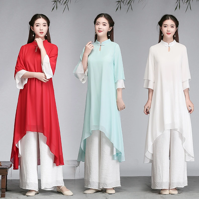 中国风禅意女装雪纺连衣裙茶服禅修居士服禅舞服复古风汉服两件套