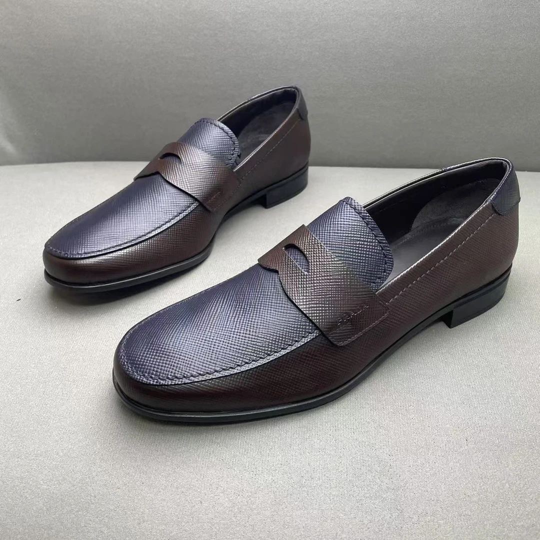 全新未使用 Prada/普拉达 蓝棕色时尚侧翼压印logo经典皮鞋 41码