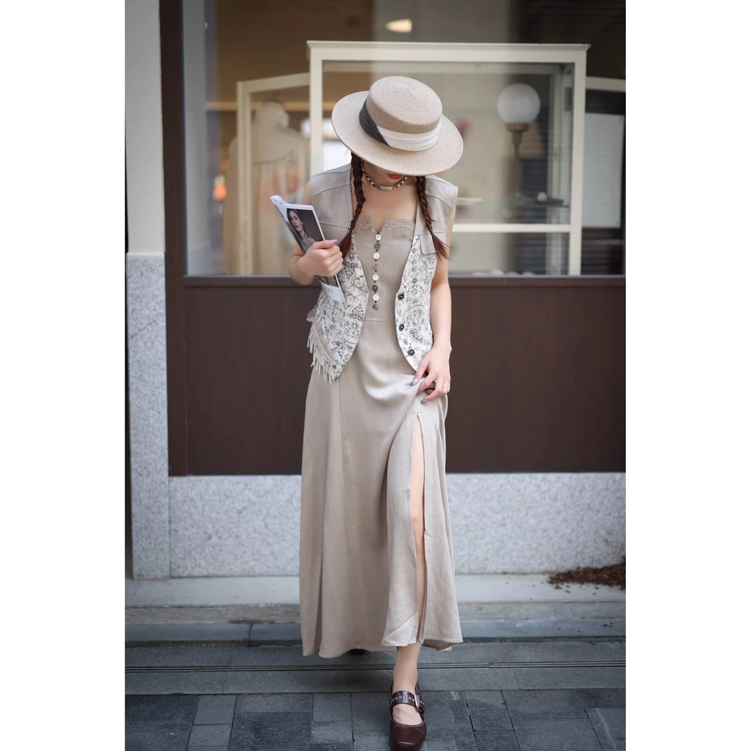 KIKI严选：9672-XXQ家欧货南油夏季轻奢吊带连衣裙马甲两件套装