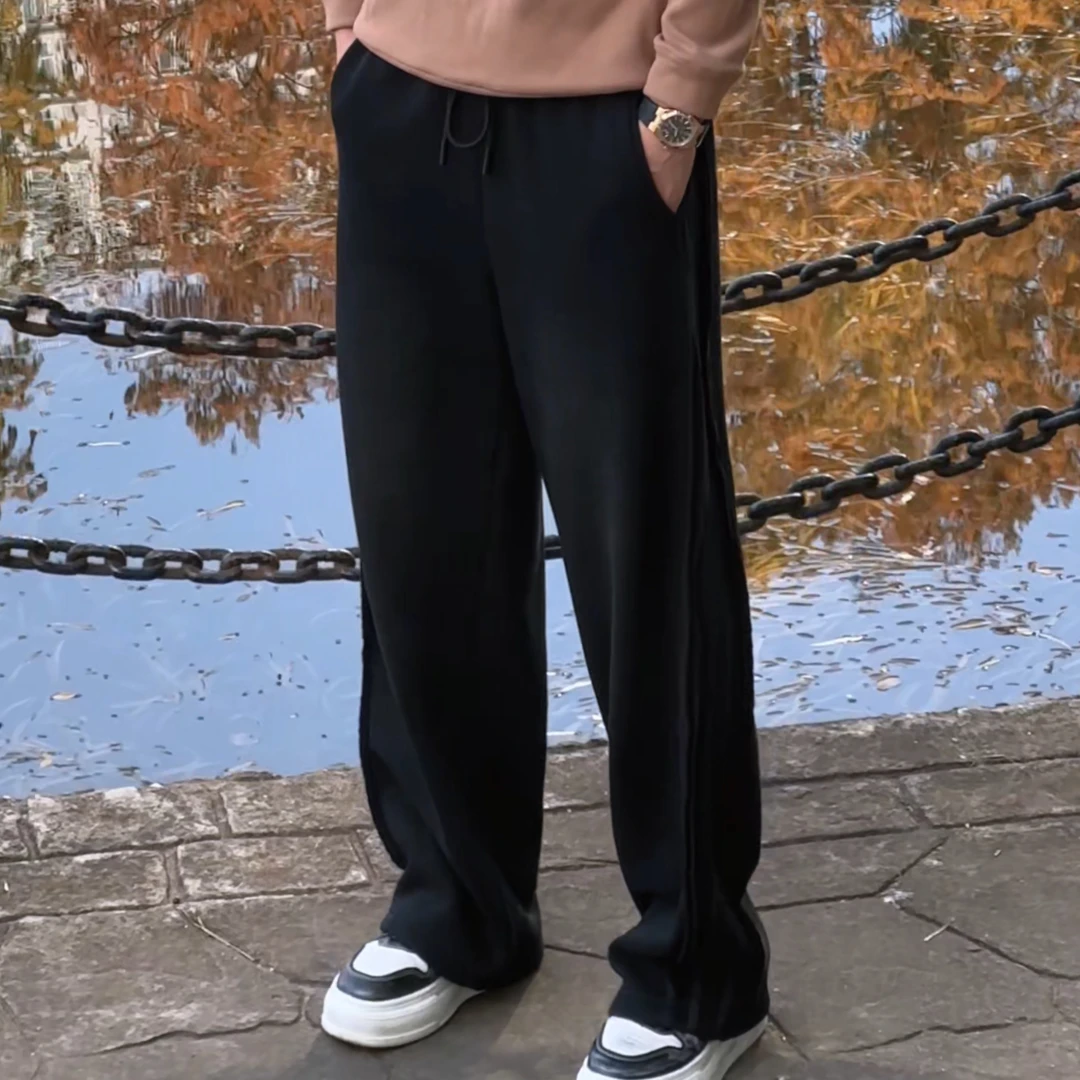 卫裤宽松型厚款直筒裤长裤阔腿秋冬季时尚男士厚款直筒黑色垂感