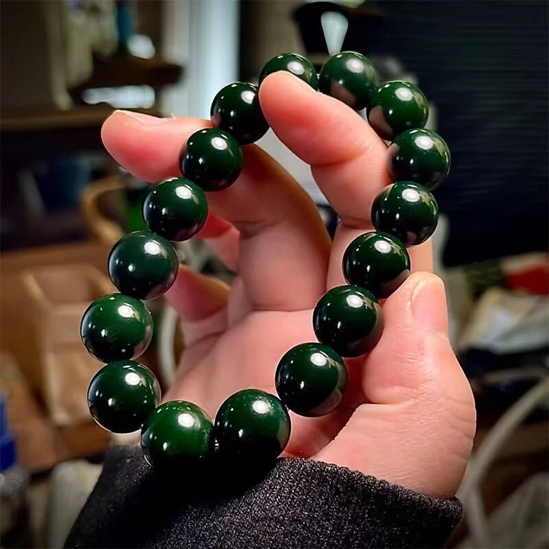 和田玉碧玉圆珠12mm手串菠菜绿圆珠单圈手串（多样性发货）
