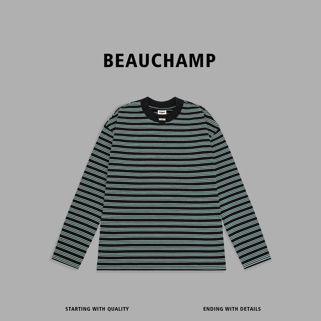 Beau champ品牌 慵懒设计感复古条纹长袖休闲宽松套头上衣 9101#