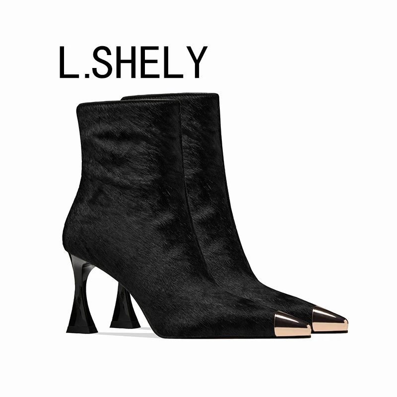 【桂落衫袅】7CM秋冬尖头高跟靴细跟女短靴时装靴法式后拉链女靴