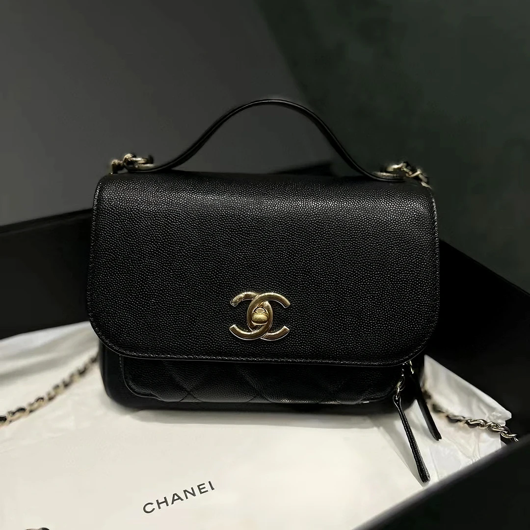 99新 Chanel/香奈儿 2518|香奈儿荔枝皮黑金小号新款邮差斜挎包|