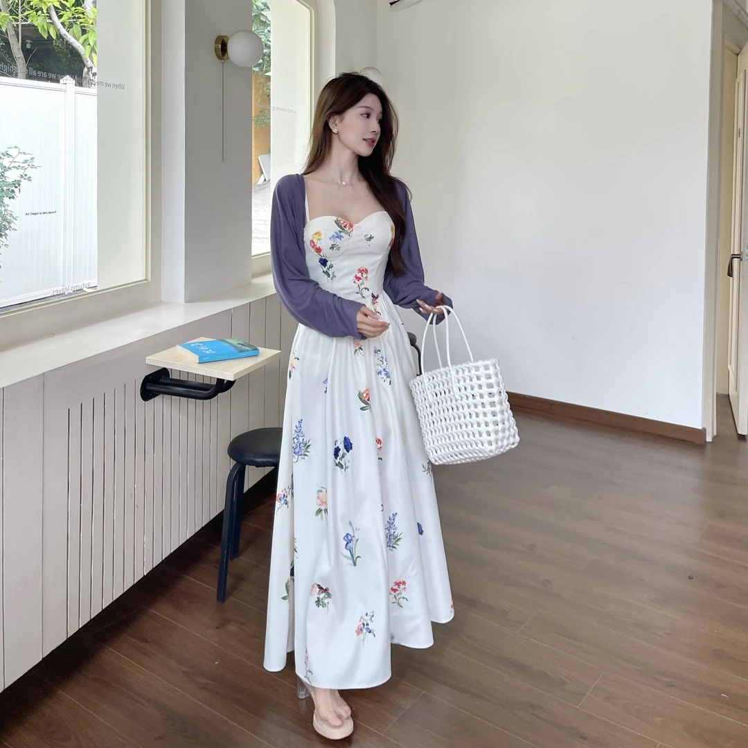 法式纯欲开衫吊带碎花连衣裙优雅出游气质约会小清新收腰显瘦套装