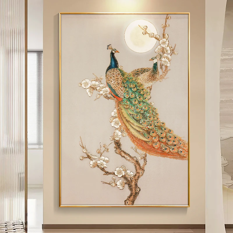 浮雕描金【月圆孔雀】坚版玄关装饰画客厅高级感入户门走廊过道挂画