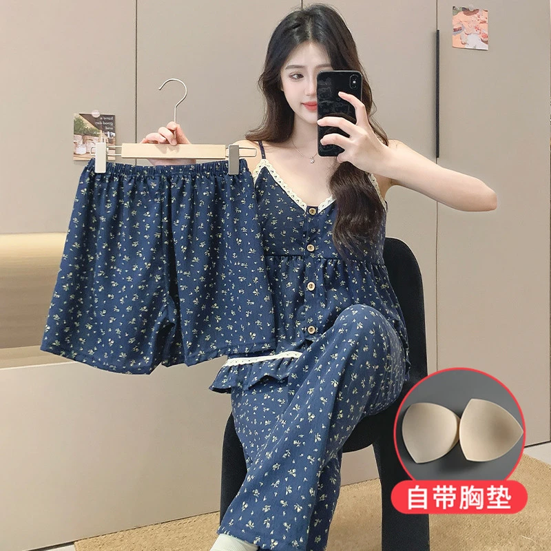 带胸垫小碎花睡衣女款夏季云朵棉吊带短裤长裤三件套可外穿家居服