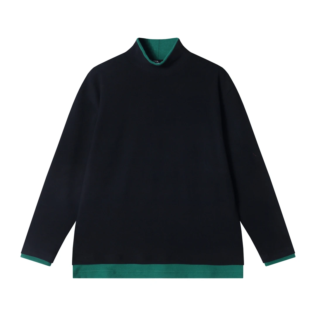 秋冬季新款时尚个性韩版绒面撞色假两件立领长袖T恤情侣百搭上衣