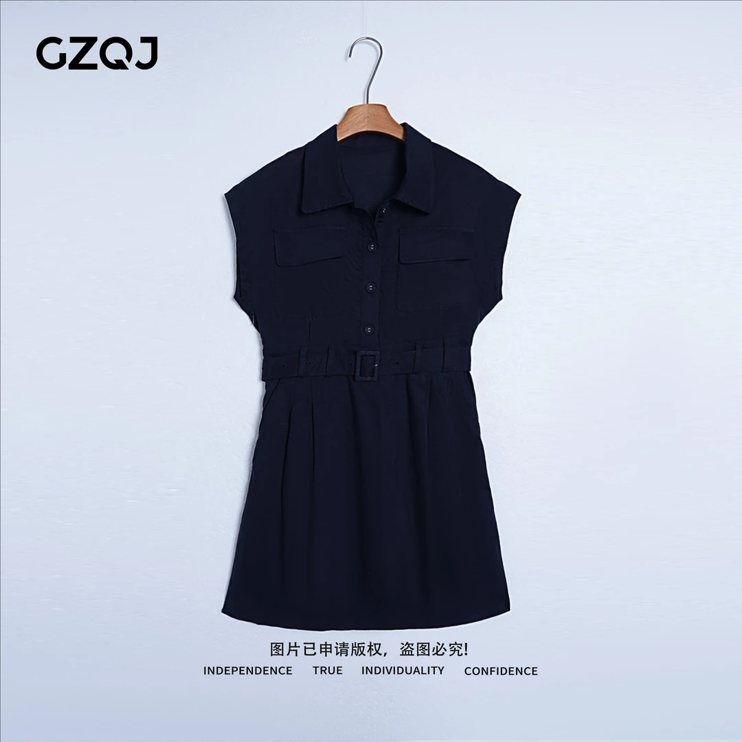 广州琴姐【都市丽人】欧若风时尚天丝亚麻腰带翻领短袖连衣裙夏8006