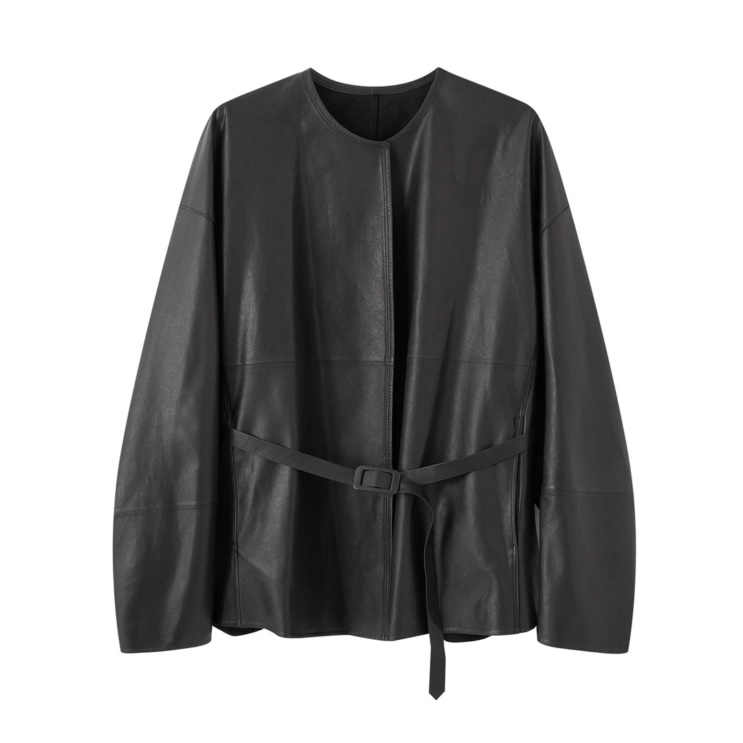 【艾家】秋季常规圆领落肩袖短款皮衣女装夹克休闲中长款=AR103034