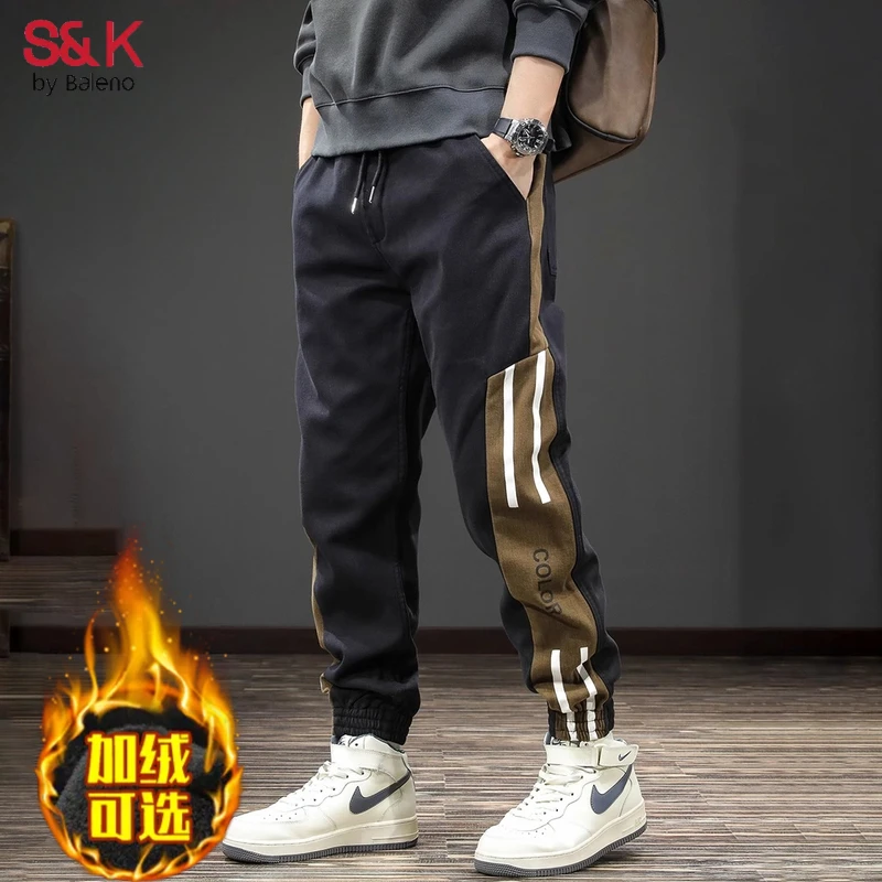 班尼路S&K2025潮牌秋冬工装束脚休闲裤男条纹大码痞帅加绒加厚男