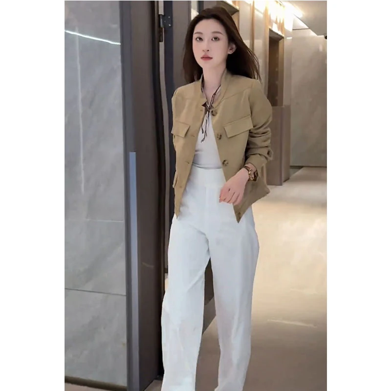秋季韩版轻职穿搭一整套半立领减龄长袖外套高腰显瘦气质休闲裤子