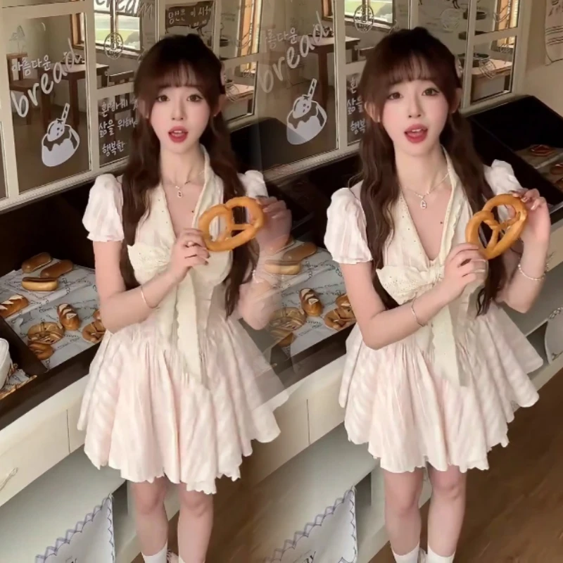 大码茶卡少女新款纯欲甜妹蕾丝花边蝴蝶结收腰蓬蓬裙粉色女春季