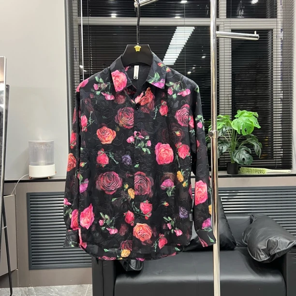 夏季玫瑰花衬衫男长袖防晒宽松潮流印花轻薄衬衣慵懒风6560
