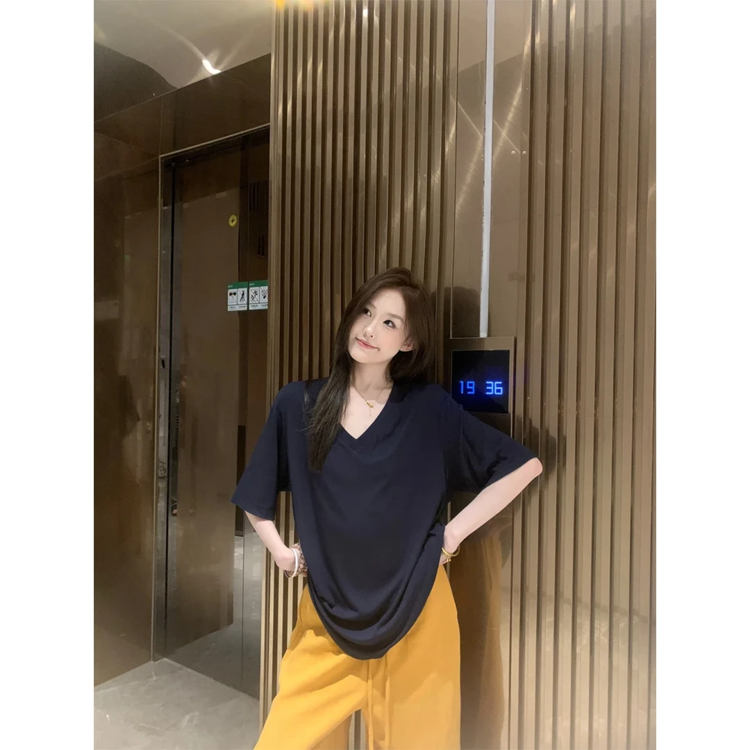 崔星星【藏青V领Plus版】宽松显瘦上衣百搭设计感短袖T恤纯色上衣女