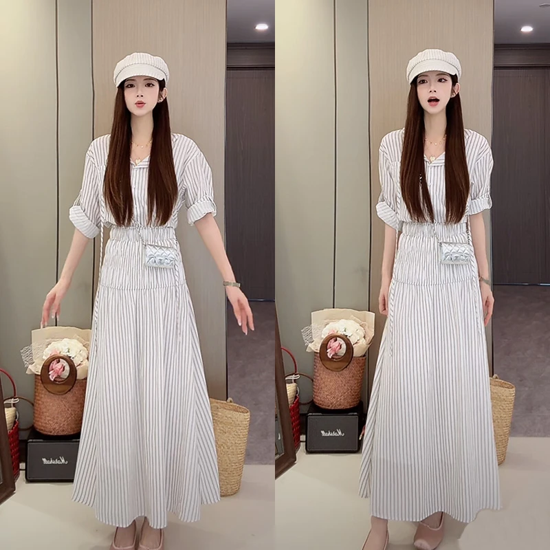 小众条纹套装韩系两件套夏季慵懒松弛宽松休闲气质衬衫+长裙